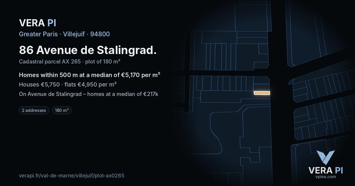 86 Avenue de Stalingrad, Villejuif at night – the plot lit, the parcels around coloured by the prices near them