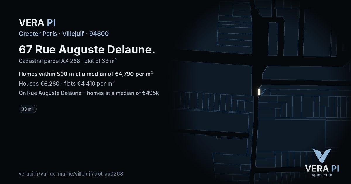 67 Rue Auguste Delaune, Villejuif at night – the plot lit, the parcels around coloured by the prices near them