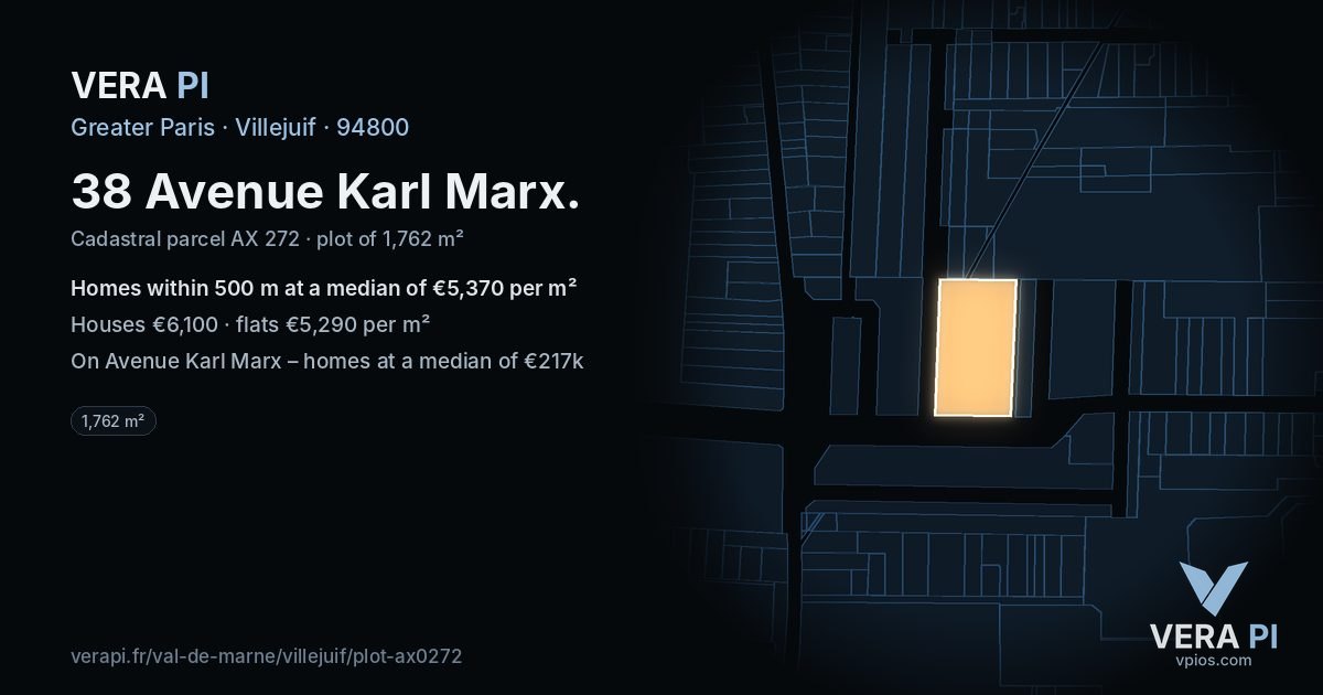 38 Avenue Karl Marx, Villejuif at night – the plot lit, the parcels around coloured by the prices near them