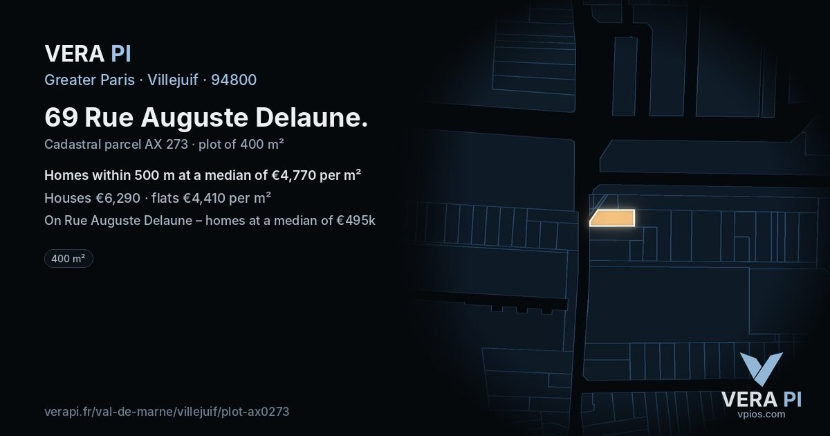69 Rue Auguste Delaune, Villejuif at night – the plot lit, the parcels around coloured by the prices near them