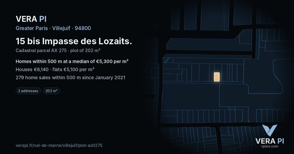 15 bis Impasse des Lozaits, Villejuif at night – the plot lit, the parcels around coloured by the prices near them