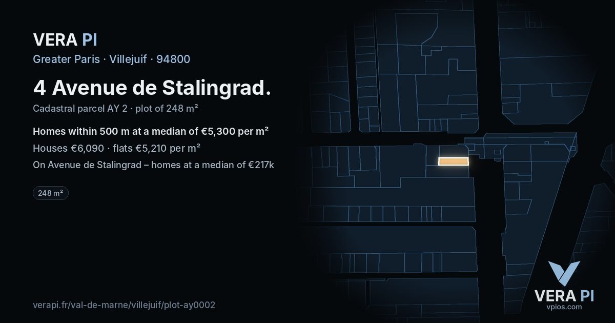 4 Avenue de Stalingrad, Villejuif at night – the plot lit, the parcels around coloured by the prices near them