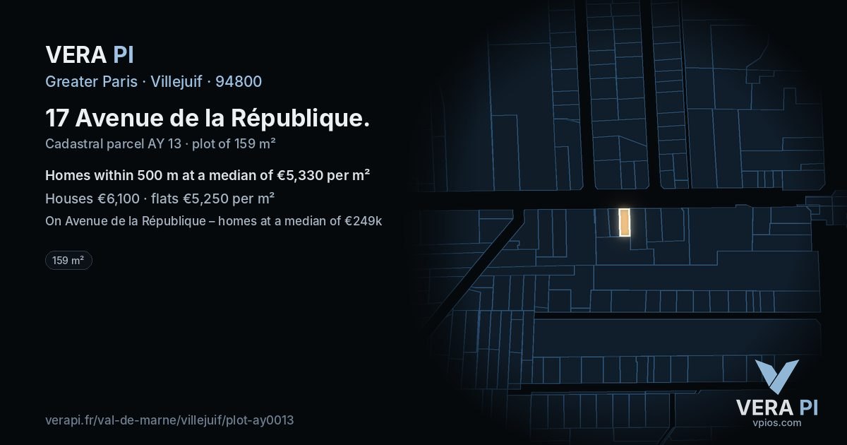 17 Avenue de la République, Villejuif at night – the plot lit, the parcels around coloured by the prices near them