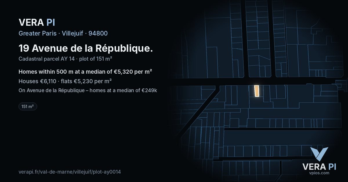 19 Avenue de la République, Villejuif at night – the plot lit, the parcels around coloured by the prices near them