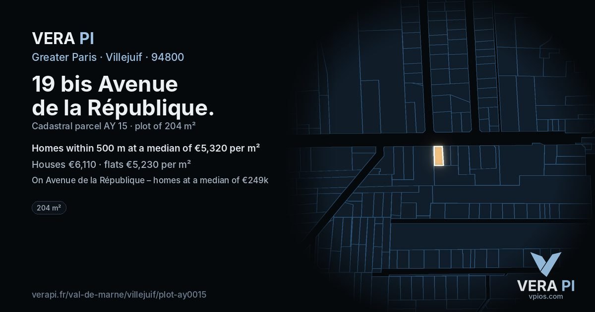 19 bis Avenue de la République, Villejuif at night – the plot lit, the parcels around coloured by the prices near them