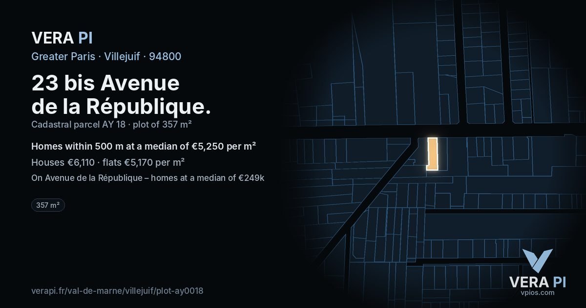 23 bis Avenue de la République, Villejuif at night – the plot lit, the parcels around coloured by the prices near them