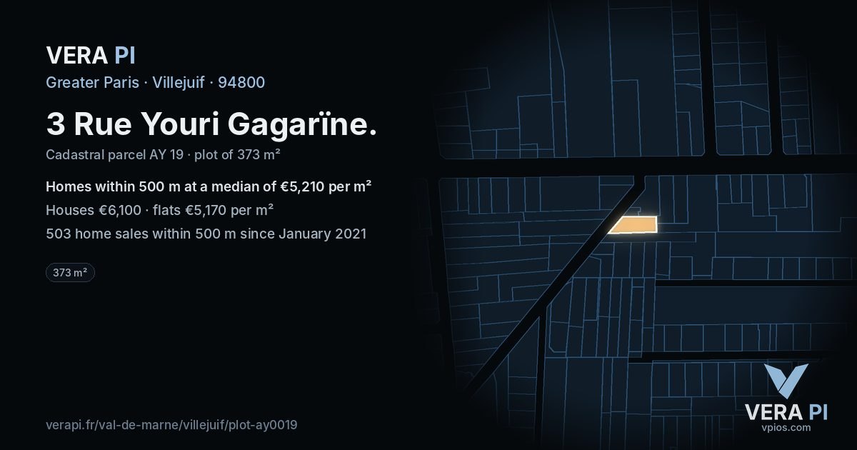 3 Rue Youri Gagarïne, Villejuif at night – the plot lit, the parcels around coloured by the prices near them