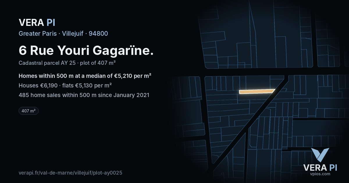 6 Rue Youri Gagarïne, Villejuif at night – the plot lit, the parcels around coloured by the prices near them