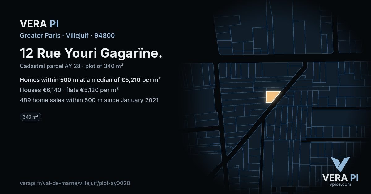 12 Rue Youri Gagarïne, Villejuif at night – the plot lit, the parcels around coloured by the prices near them