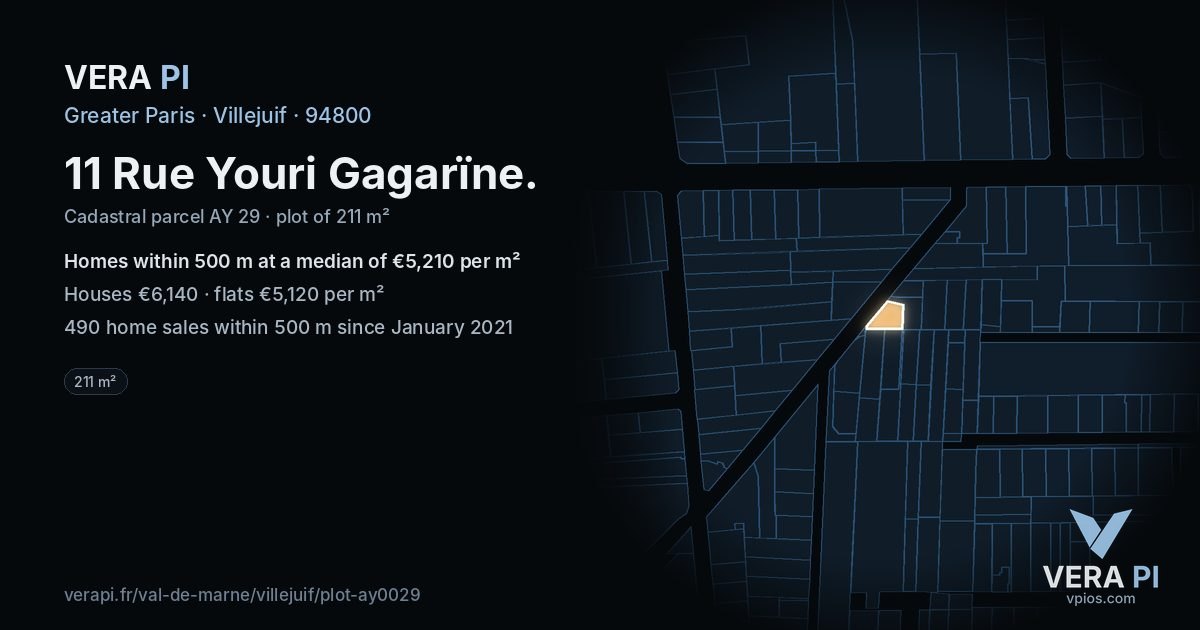 11 Rue Youri Gagarïne, Villejuif at night – the plot lit, the parcels around coloured by the prices near them