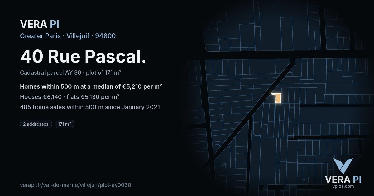 40 Rue Pascal, Villejuif at night – the plot lit, the parcels around coloured by the prices near them