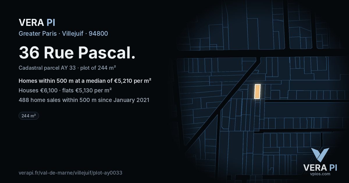 36 Rue Pascal, Villejuif at night – the plot lit, the parcels around coloured by the prices near them