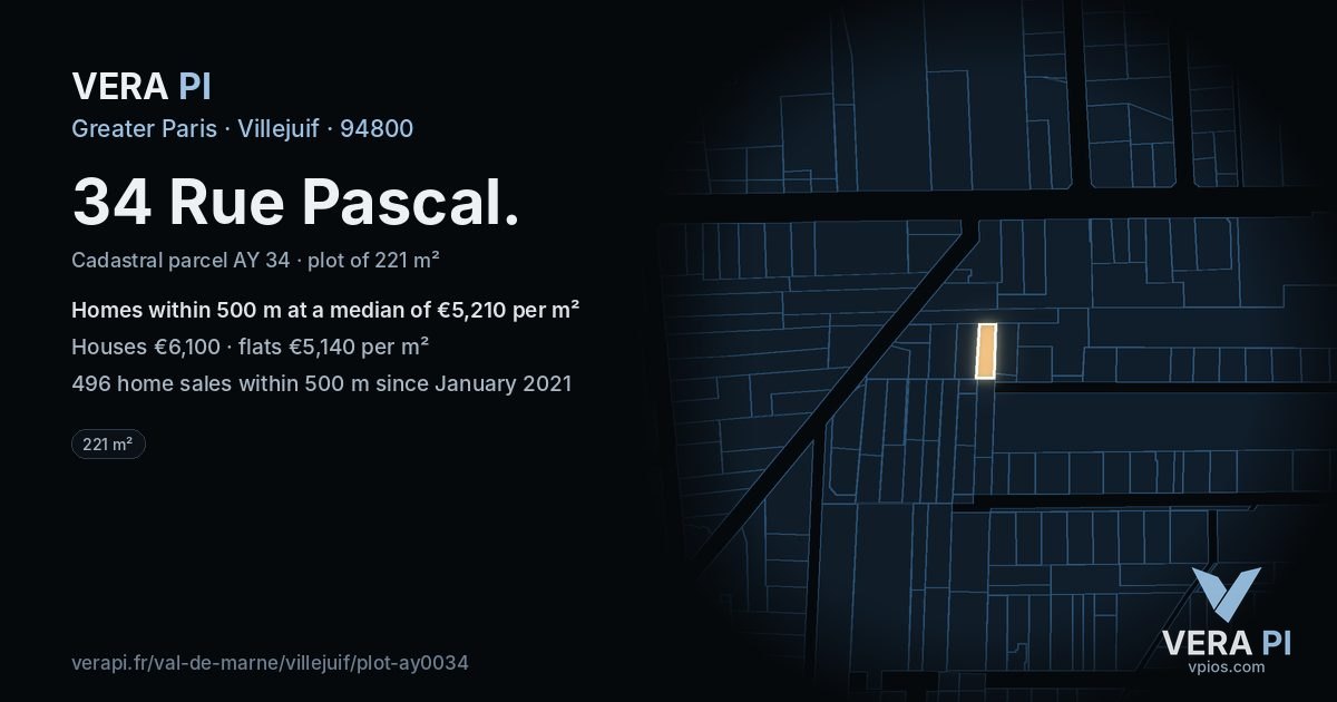 34 Rue Pascal, Villejuif at night – the plot lit, the parcels around coloured by the prices near them