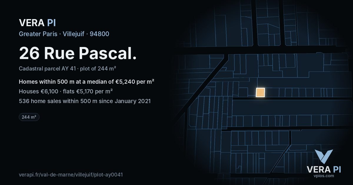 26 Rue Pascal, Villejuif at night – the plot lit, the parcels around coloured by the prices near them