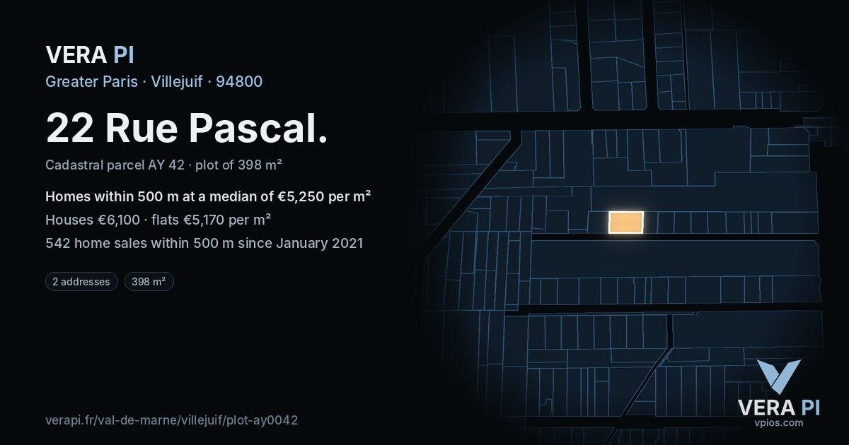 22 Rue Pascal, Villejuif at night – the plot lit, the parcels around coloured by the prices near them