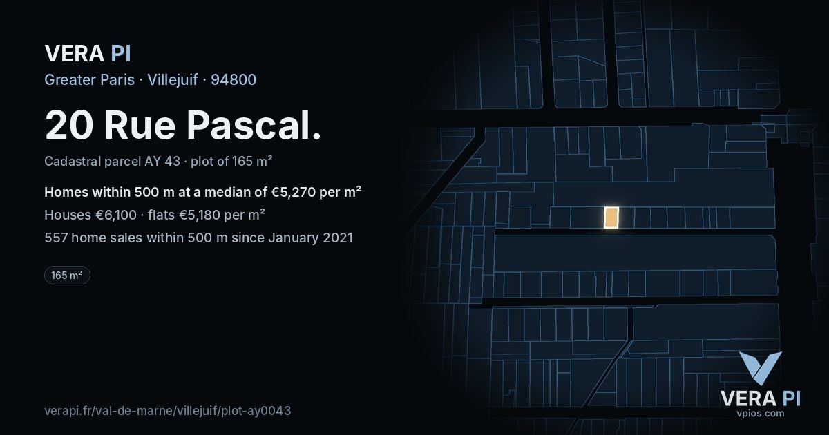 20 Rue Pascal, Villejuif at night – the plot lit, the parcels around coloured by the prices near them