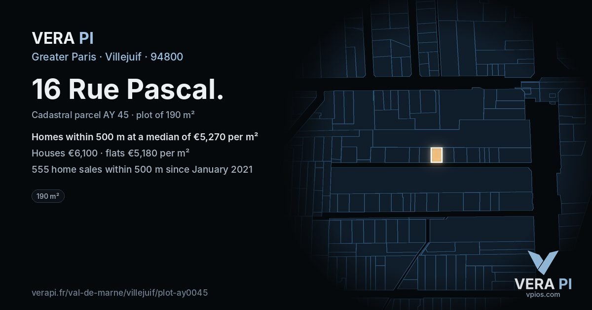 16 Rue Pascal, Villejuif at night – the plot lit, the parcels around coloured by the prices near them