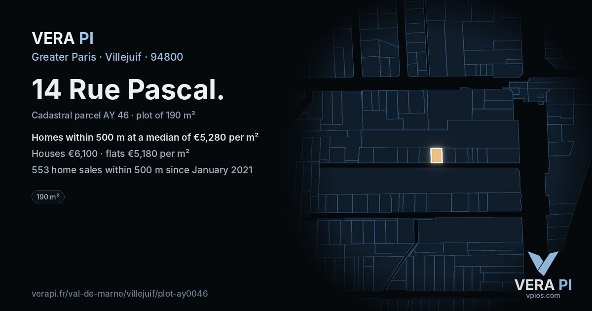 14 Rue Pascal, Villejuif at night – the plot lit, the parcels around coloured by the prices near them