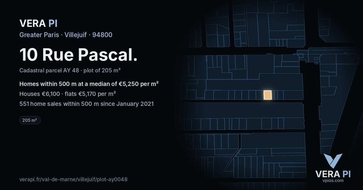 10 Rue Pascal, Villejuif at night – the plot lit, the parcels around coloured by the prices near them