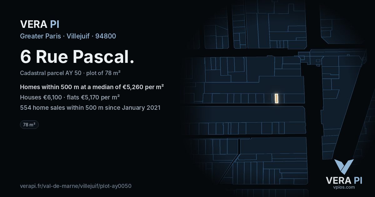 6 Rue Pascal, Villejuif at night – the plot lit, the parcels around coloured by the prices near them
