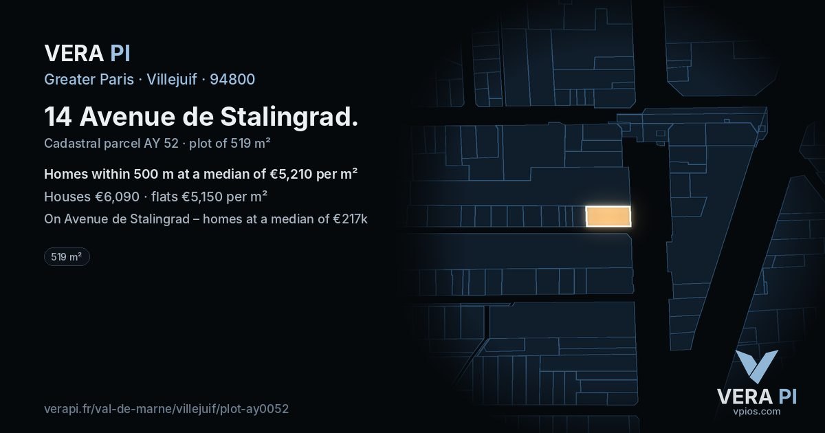 14 Avenue de Stalingrad, Villejuif at night – the plot lit, the parcels around coloured by the prices near them