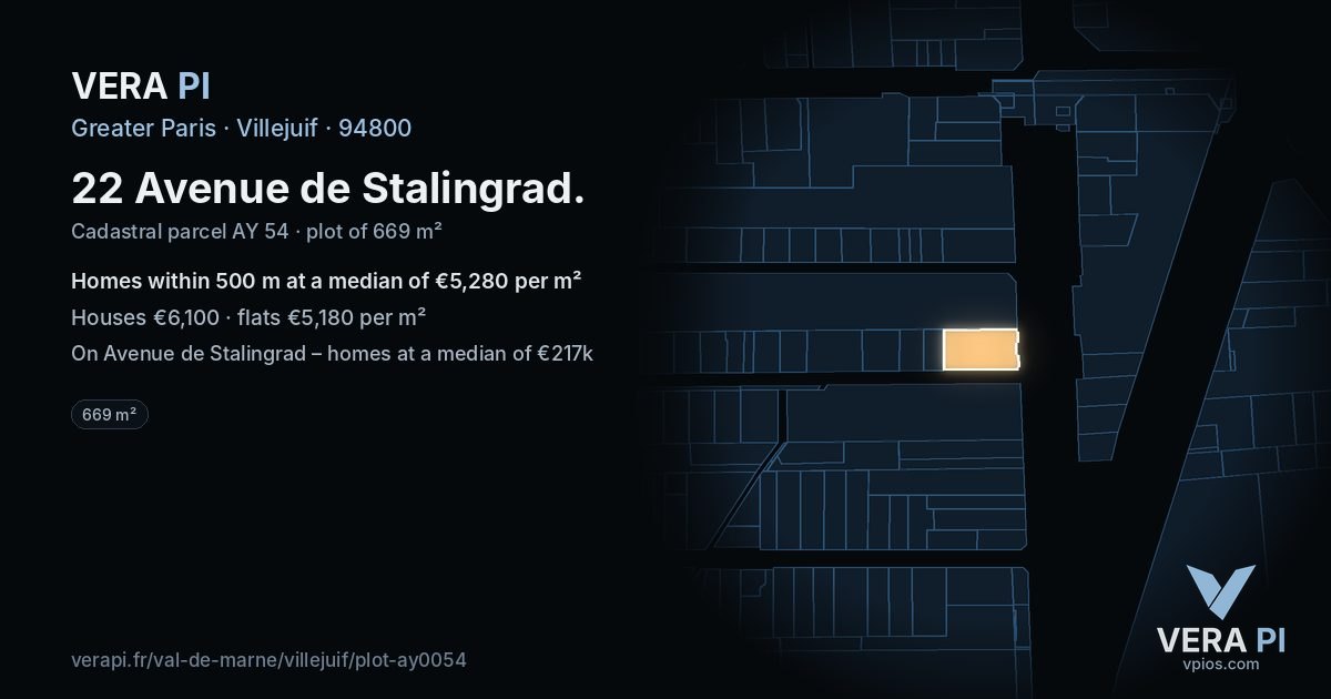 22 Avenue de Stalingrad, Villejuif at night – the plot lit, the parcels around coloured by the prices near them