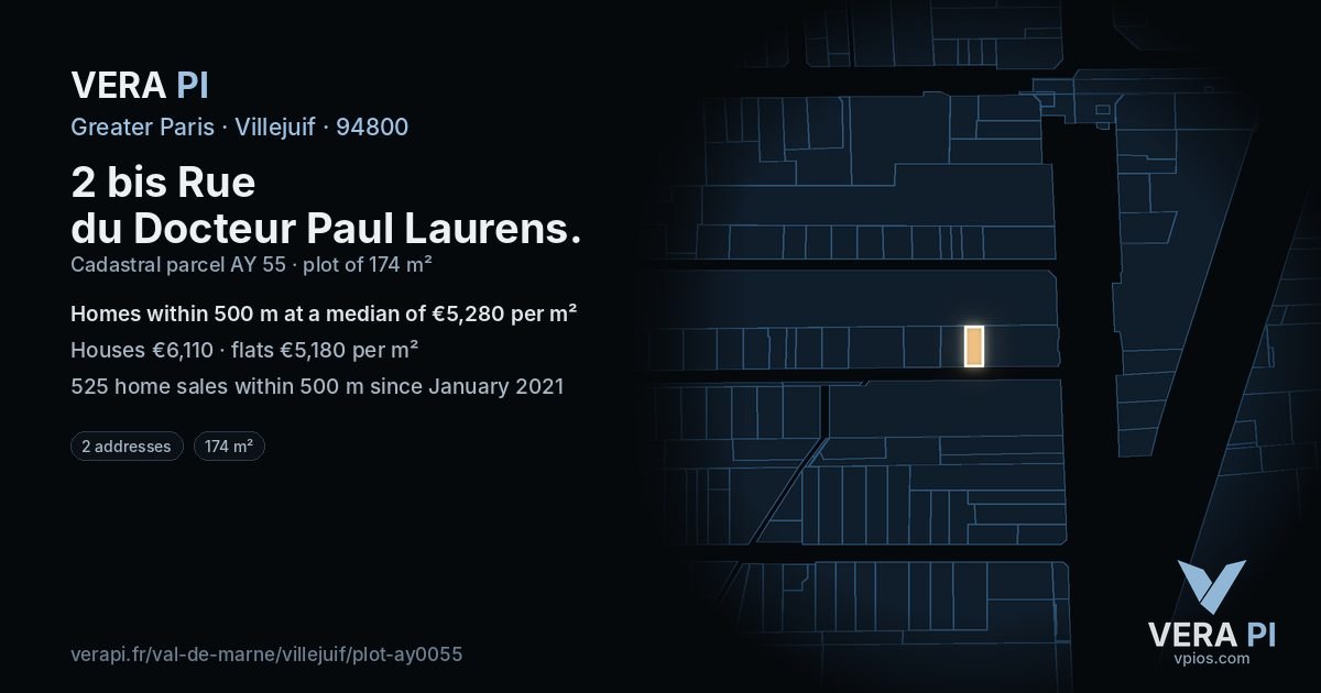 2 bis Rue du Docteur Paul Laurens, Villejuif at night – the plot lit, the parcels around coloured by the prices near them