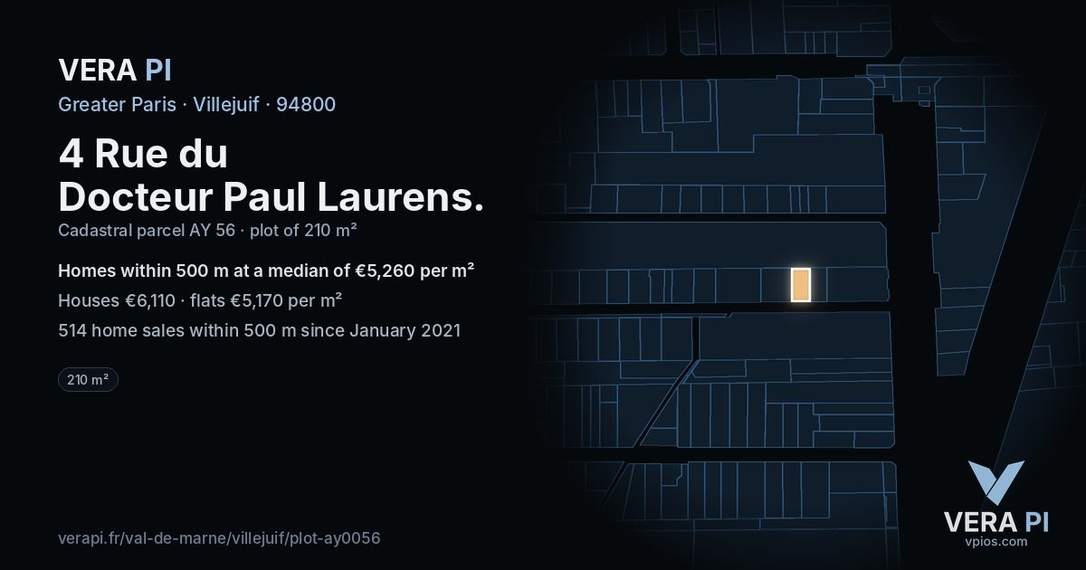 4 Rue du Docteur Paul Laurens, Villejuif at night – the plot lit, the parcels around coloured by the prices near them