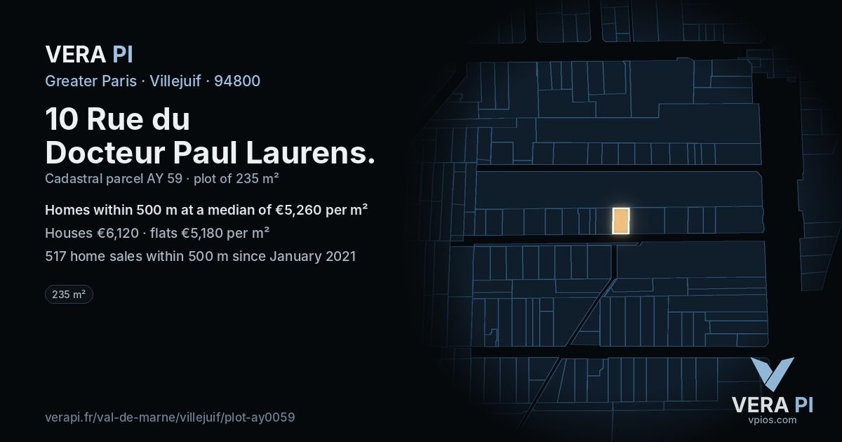 10 Rue du Docteur Paul Laurens, Villejuif at night – the plot lit, the parcels around coloured by the prices near them