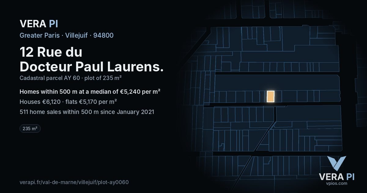 12 Rue du Docteur Paul Laurens, Villejuif at night – the plot lit, the parcels around coloured by the prices near them