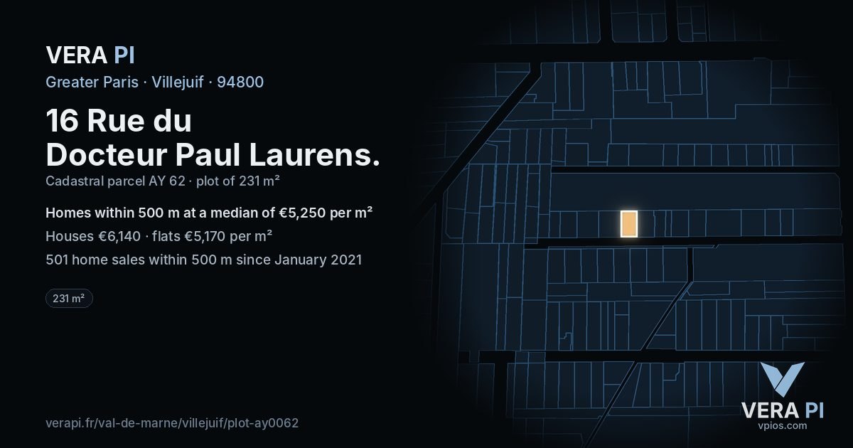 16 Rue du Docteur Paul Laurens, Villejuif at night – the plot lit, the parcels around coloured by the prices near them