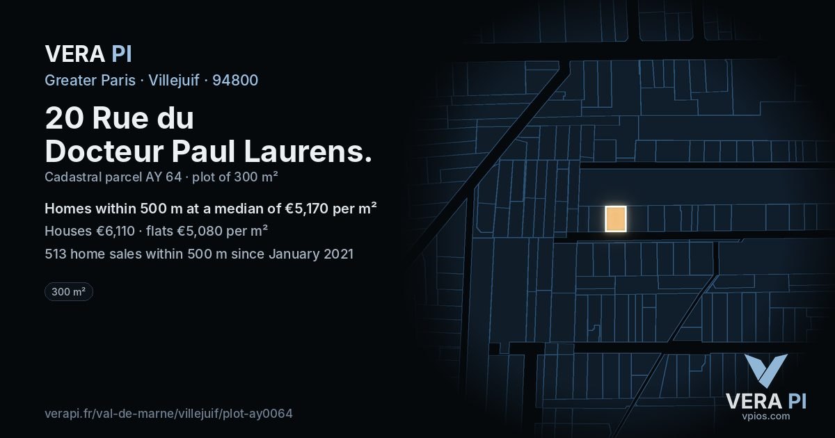 20 Rue du Docteur Paul Laurens, Villejuif at night – the plot lit, the parcels around coloured by the prices near them