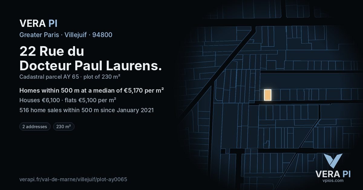22 Rue du Docteur Paul Laurens, Villejuif at night – the plot lit, the parcels around coloured by the prices near them