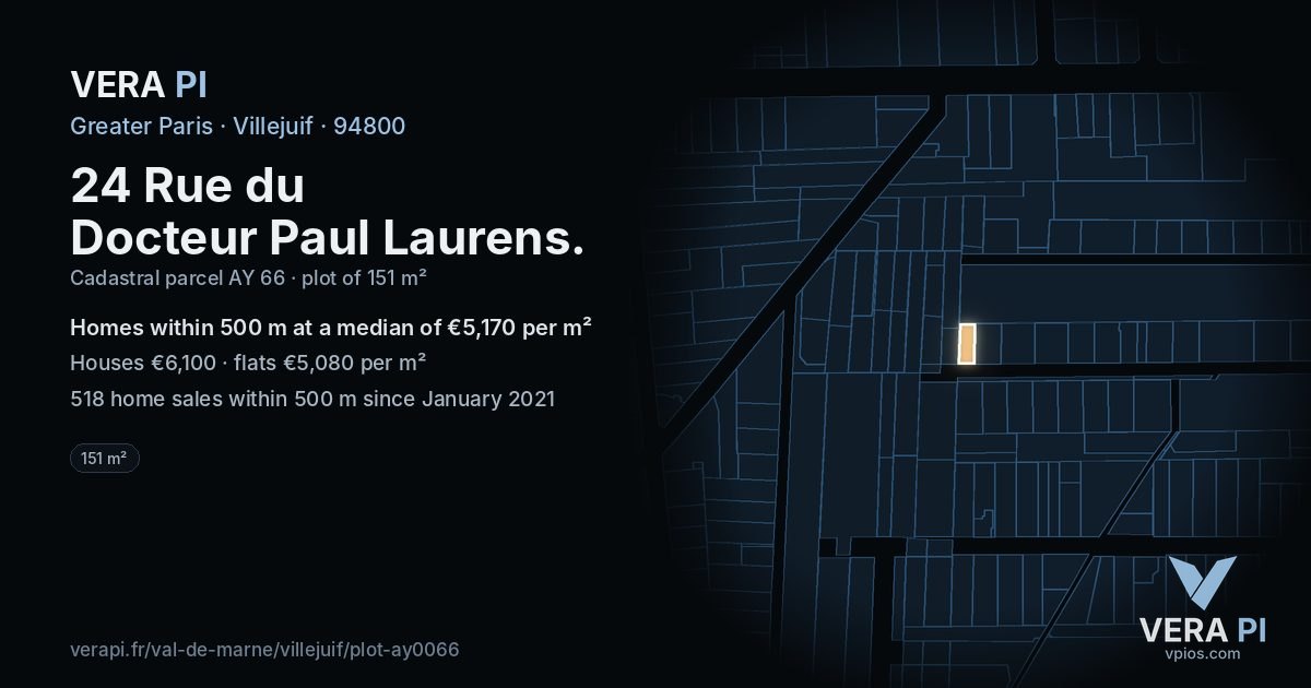 24 Rue du Docteur Paul Laurens, Villejuif at night – the plot lit, the parcels around coloured by the prices near them