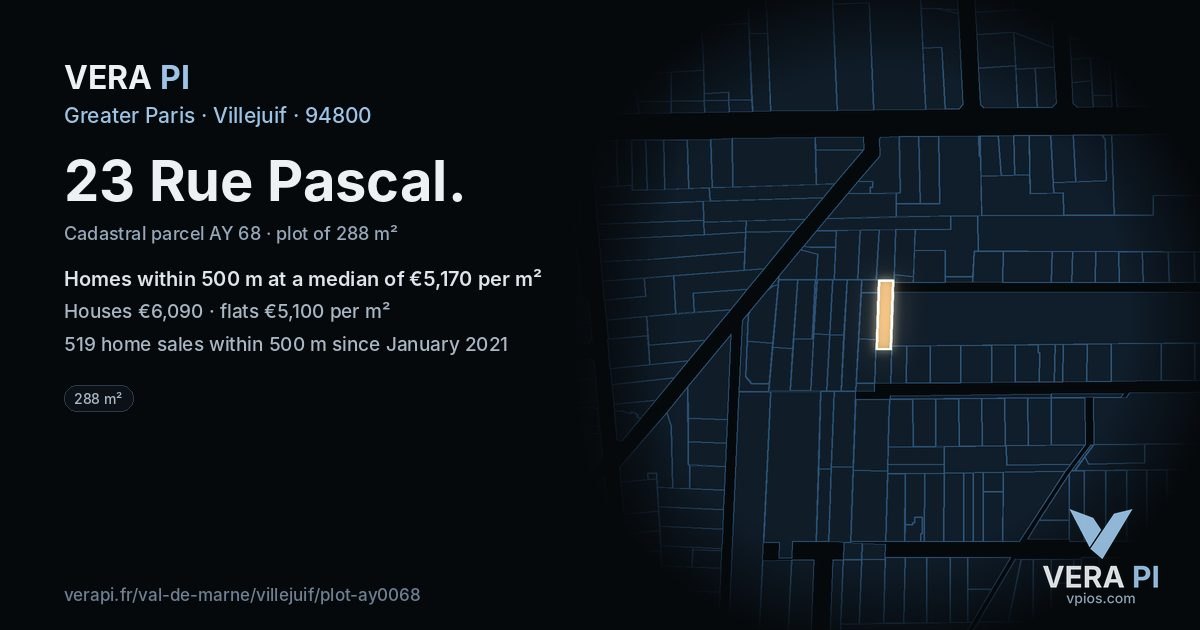 23 Rue Pascal, Villejuif at night – the plot lit, the parcels around coloured by the prices near them