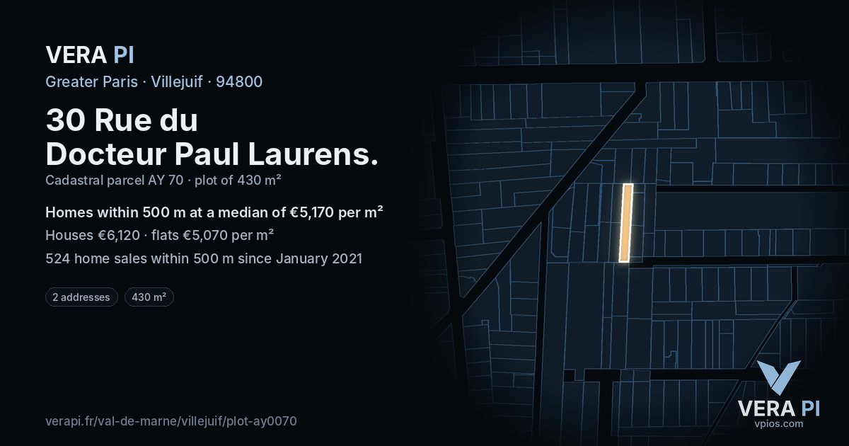 30 Rue du Docteur Paul Laurens, Villejuif at night – the plot lit, the parcels around coloured by the prices near them