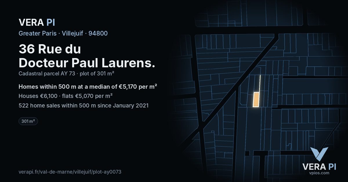 36 Rue du Docteur Paul Laurens, Villejuif at night – the plot lit, the parcels around coloured by the prices near them