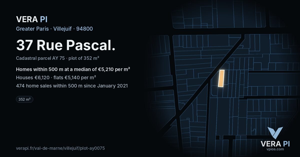 37 Rue Pascal, Villejuif at night – the plot lit, the parcels around coloured by the prices near them