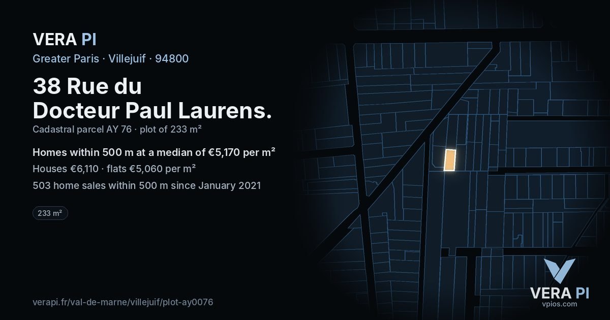 38 Rue du Docteur Paul Laurens, Villejuif at night – the plot lit, the parcels around coloured by the prices near them