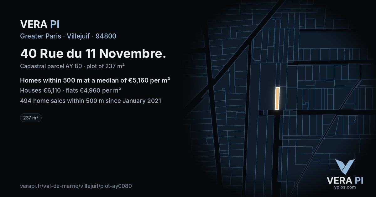 40 Rue du 11 Novembre, Villejuif at night – the plot lit, the parcels around coloured by the prices near them