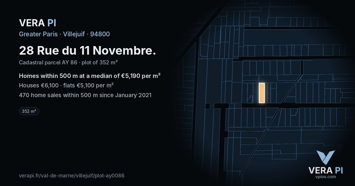 28 Rue du 11 Novembre, Villejuif at night – the plot lit, the parcels around coloured by the prices near them