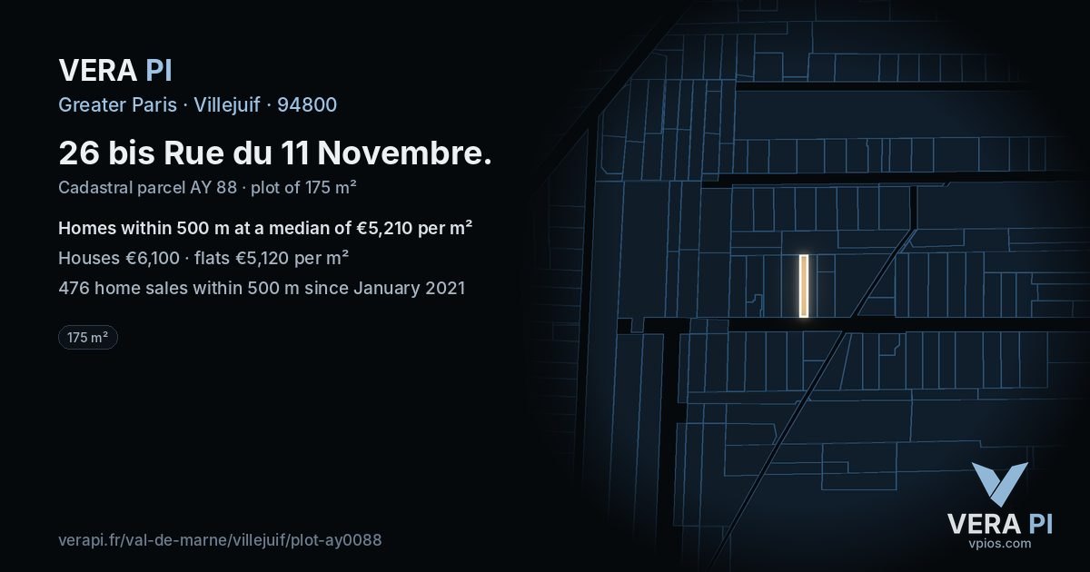 26 bis Rue du 11 Novembre, Villejuif at night – the plot lit, the parcels around coloured by the prices near them