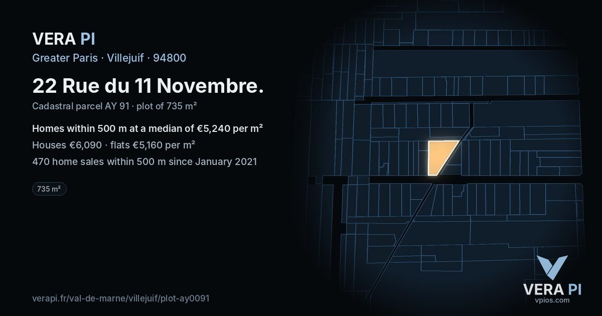 22 Rue du 11 Novembre, Villejuif at night – the plot lit, the parcels around coloured by the prices near them