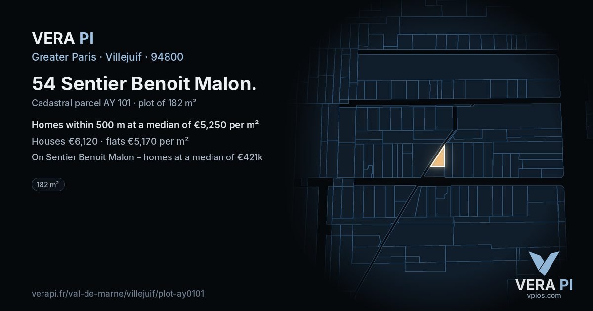 54 Sentier Benoit Malon, Villejuif at night – the plot lit, the parcels around coloured by the prices near them