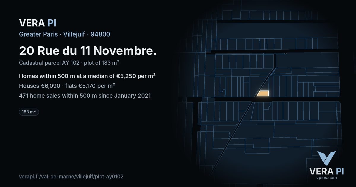 20 Rue du 11 Novembre, Villejuif at night – the plot lit, the parcels around coloured by the prices near them