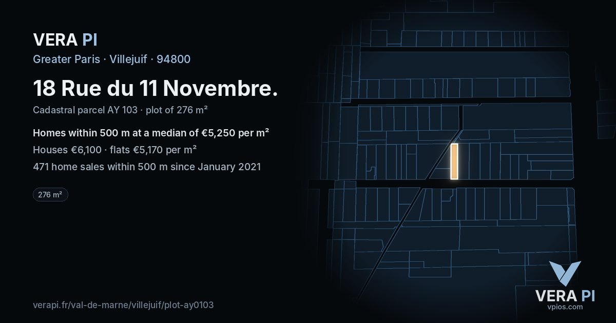 18 Rue du 11 Novembre, Villejuif at night – the plot lit, the parcels around coloured by the prices near them