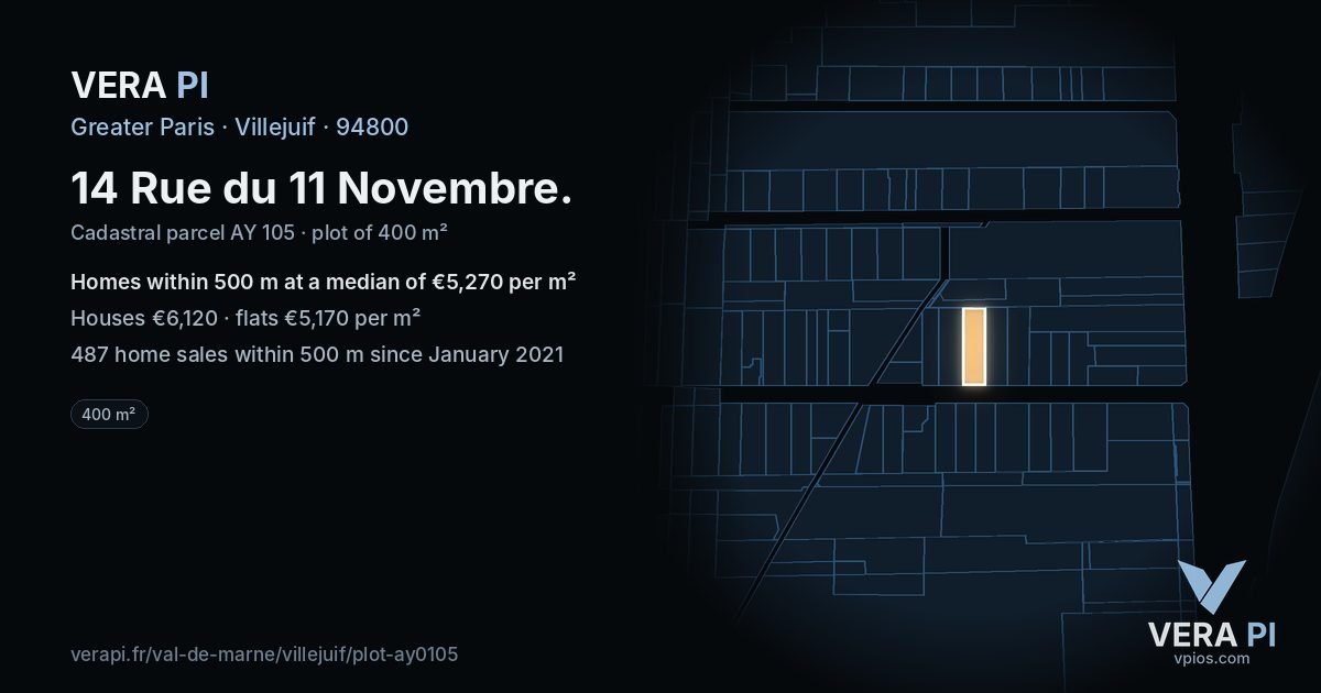 14 Rue du 11 Novembre, Villejuif at night – the plot lit, the parcels around coloured by the prices near them