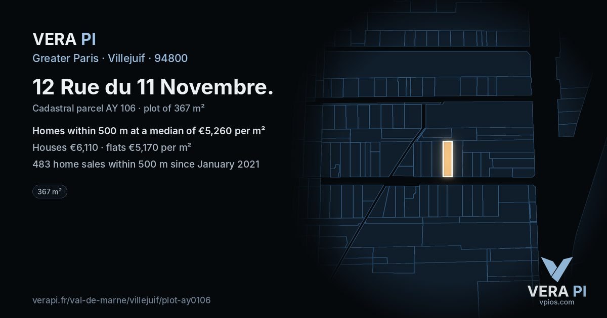 12 Rue du 11 Novembre, Villejuif at night – the plot lit, the parcels around coloured by the prices near them