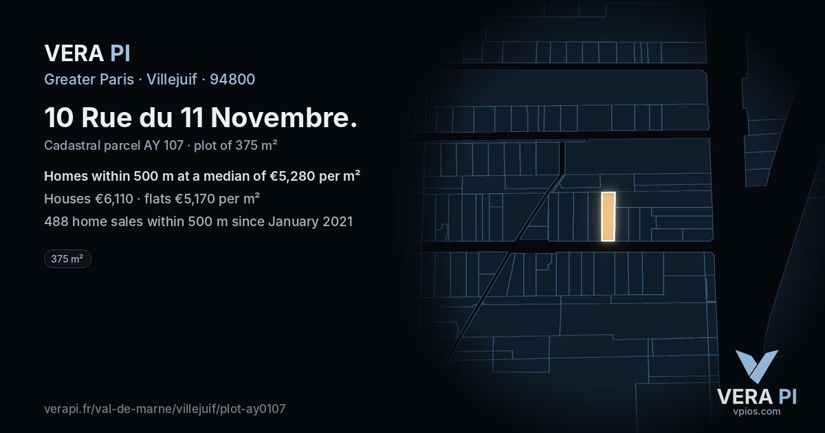 10 Rue du 11 Novembre, Villejuif at night – the plot lit, the parcels around coloured by the prices near them