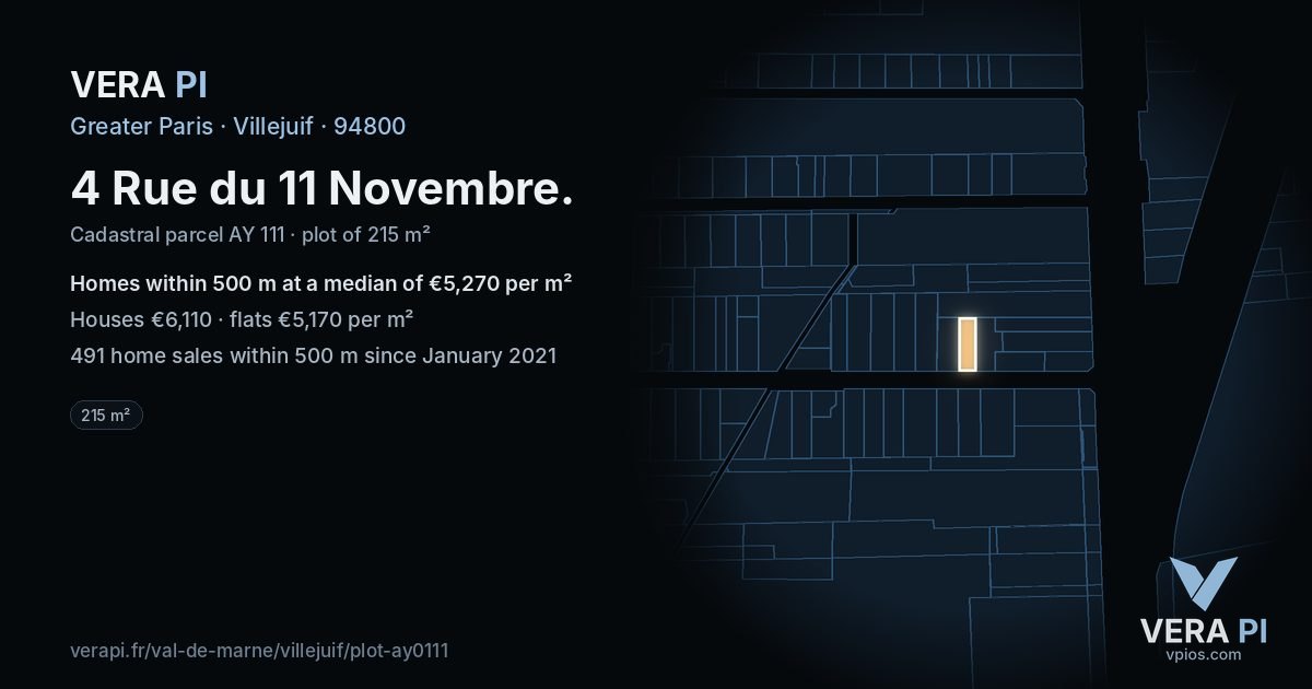 4 Rue du 11 Novembre, Villejuif at night – the plot lit, the parcels around coloured by the prices near them